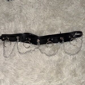 Black Leather Belt with Silver Chains